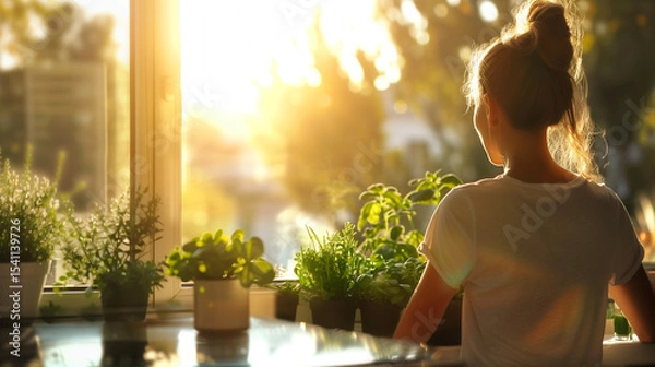 Fototapeta  Woman using a rag to clean home windows with care and precision