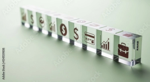 Obraz A row of clear blocks with financial icons on a light surface showing business and investment concepts