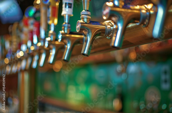 Fototapeta  Vibrant row of green and yellow beer tap handles on a bar counter