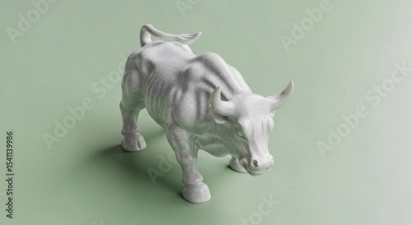 Obraz A white bull figurine in a charging pose on a light green surface with soft lighting and shadows cast