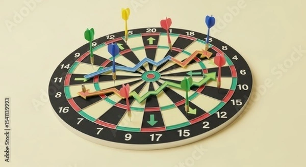 Obraz A dartboard with colorful darts and lines indicating fluctuating performance on a neutral background