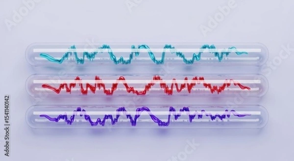 Obraz Three glass tubes containing colorful wavy lines arranged horizontally on a white background surface