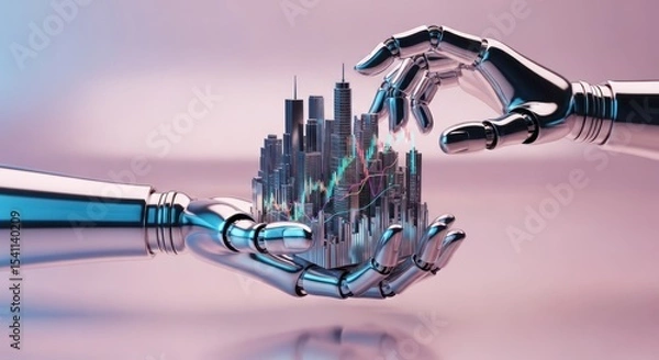 Obraz Robotic hands holding miniature city with stock market graph overlayed on buildings and soft background