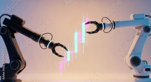 Fototapeta Two robotic arms manipulating a digital candlestick chart in a futuristic trading environment scene