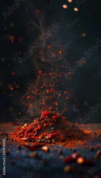 Fototapeta  Vibrant red chili peppers and spice powder create eye-catching studio composition