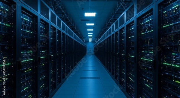 Fototapeta Data Fortress: An immersive perspective showcases a vast server room, meticulously organized and humming with digital activity, representing the heart of modern information technology.