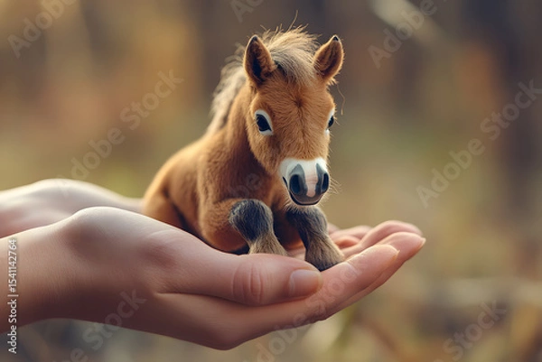 Fototapeta a small horse is sitting on a person's hand