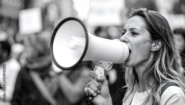 Obraz Woman using megaphone with protesting.