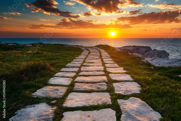 Fototapeta a stone path leading to the ocean at sunset