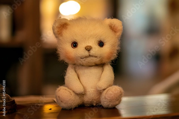 Fototapeta a teddy bear sitting on a table with a light on