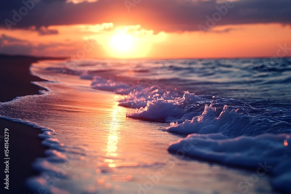 Fototapeta a sunset over the ocean with waves coming in