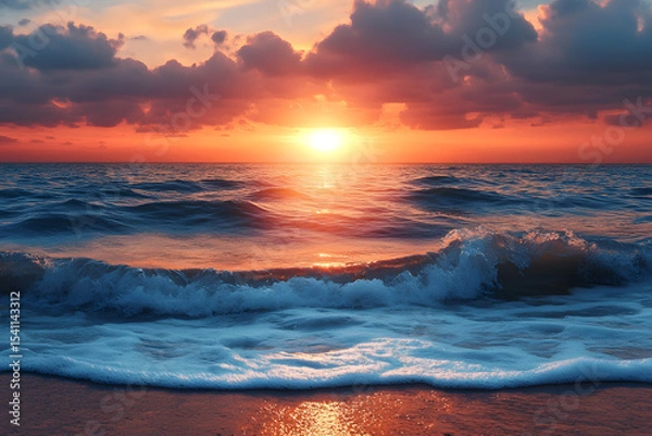 Fototapeta a sunset over the ocean with waves coming in