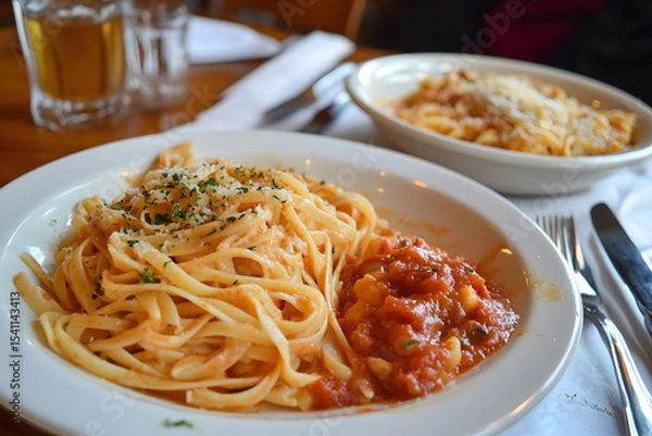 Fototapeta a plate of spaghetti with sauce and a bowl of pasta