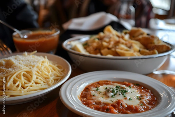 Fototapeta a table with two bowls of pasta and a bowl of sauce