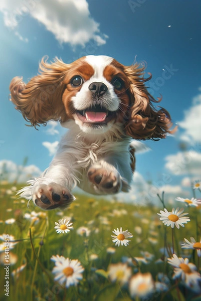 Fototapeta King Charles Spaniel puppy joyfully jumping over daisies in a vibrant spring scene