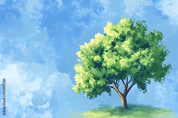 Fototapeta a tree with a green leafy tree on a grassy hill