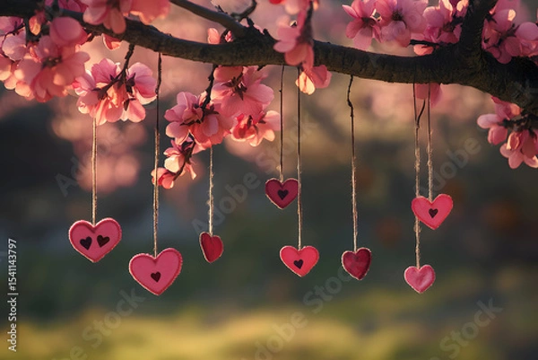 Fototapeta a tree with pink flowers and hearts hanging from it