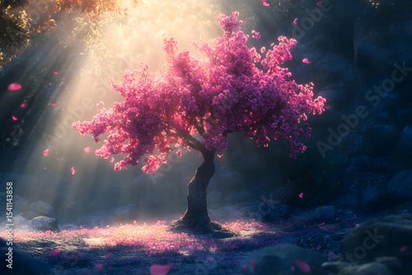 Fototapeta a tree with pink flowers in a field