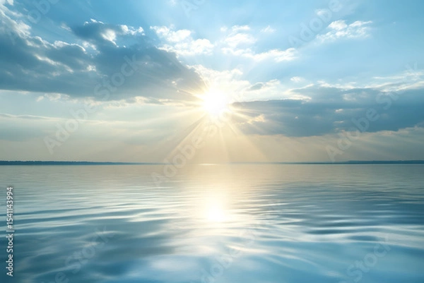 Fototapeta a boat is floating in the water with the sun shining through the clouds