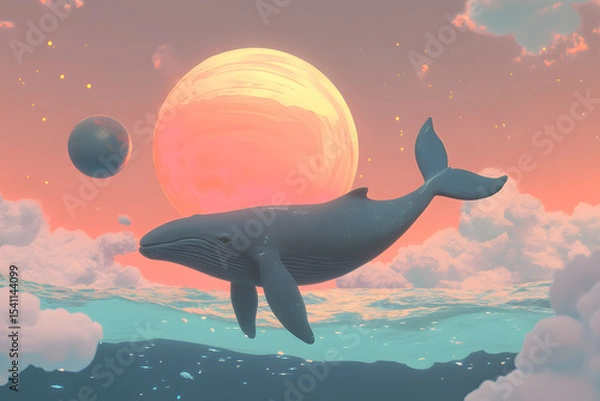 Fototapeta a whale is floating in the ocean with a sunset in the background