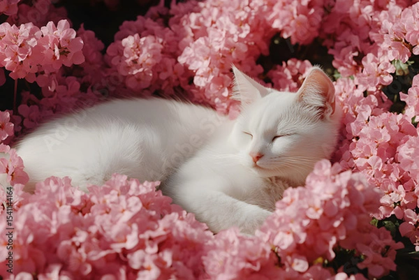 Fototapeta a white cat is sleeping in a bed of pink flowers