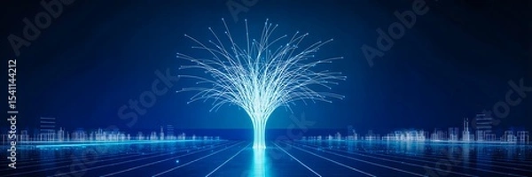 Obraz Futuristic tree made of glowing digital lines and network branches on blue technology background
