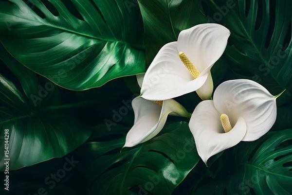 Fototapeta a close up of two white flowers with green leaves
