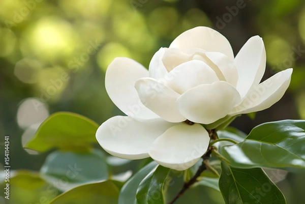 Fototapeta a white flower with green leaves on a tree