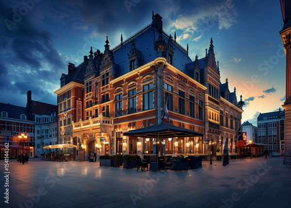 Fototapeta  Historic red brick building under evening skies captured with a wide-angle lens