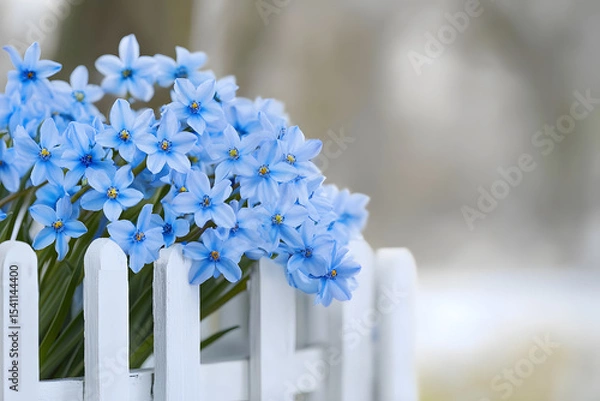 Fototapeta a bunch of blue flowers are in a white picket