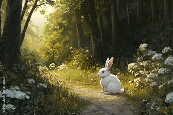 Fototapeta a white rabbit sitting on a path in a forest