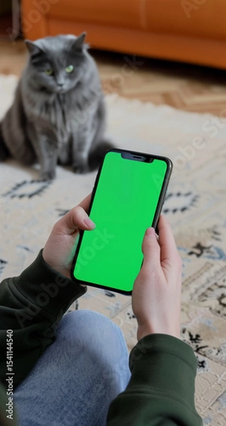 Fototapeta A person with a phone displaying a green screen with a cat background