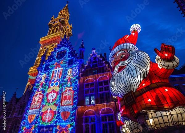Fototapeta  Illuminated and colorful christmas figure on Christmas market with blue sky