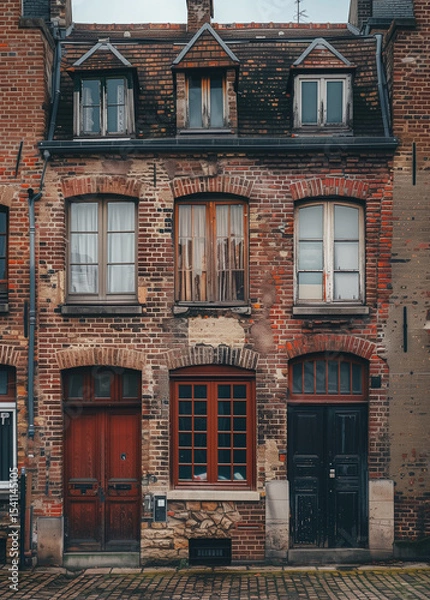 Fototapeta  Old brick building facade with cobblestone street view