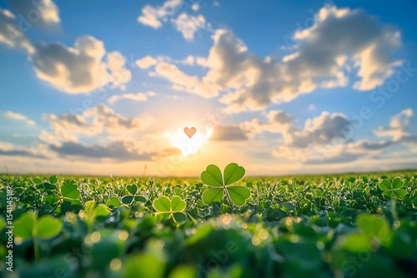 Fototapeta a field of green grass with a heart shaped clover