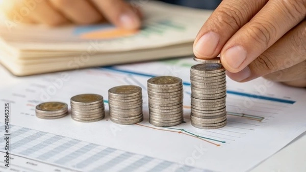 Obraz report financial hands stacking coins concept. Financial growth with stacked coins and charts in the background.