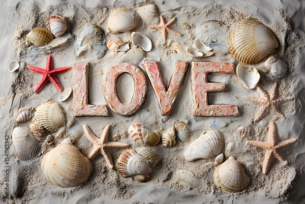 Fototapeta a picture of a beach with shells and a love sign