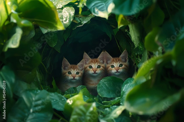 Fototapeta three kittens are sitting in a hole in the leaves