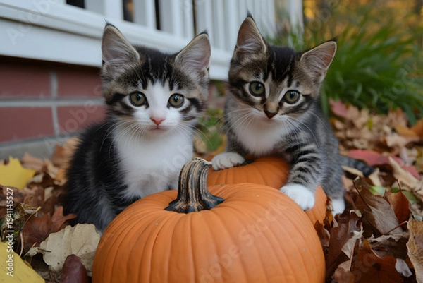 Fototapeta two kittens sitting next to a pumpkin on the ground