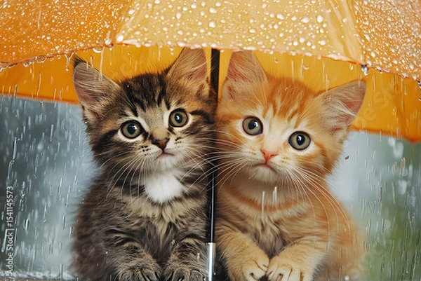 Fototapeta two kittens are sitting under an umbrella in the rain