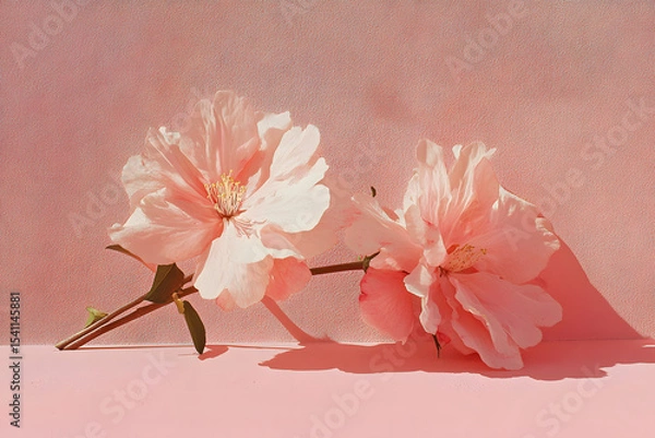 Fototapeta two pink flowers are sitting on a pink surface
