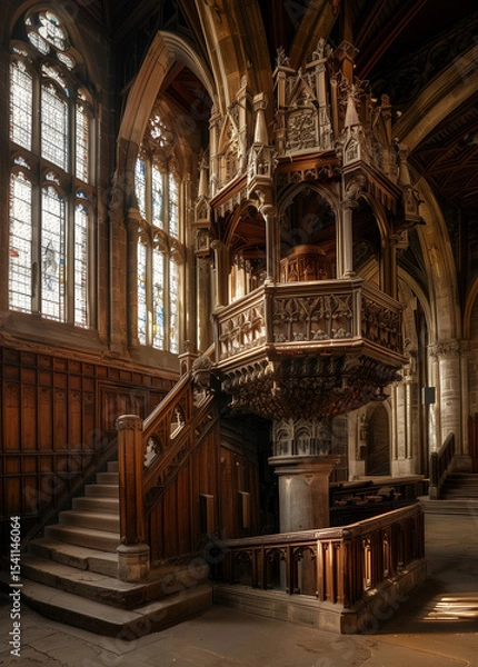 Fototapeta  Intricately carved gothic wooden pulpit on majestic cathedral staircase