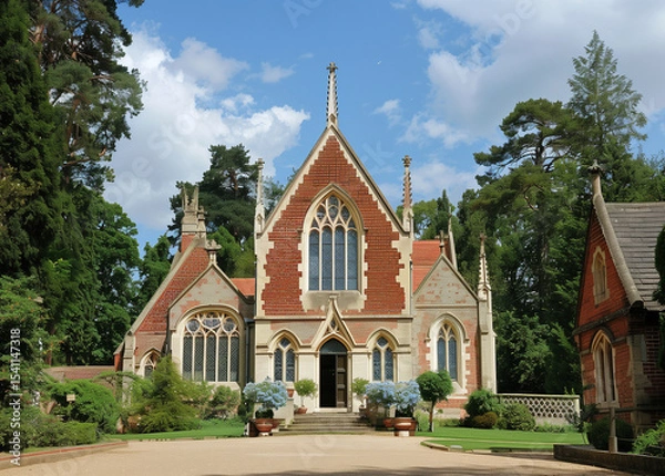 Fototapeta  Gothic style red brick church surrounded by trees captured from street
