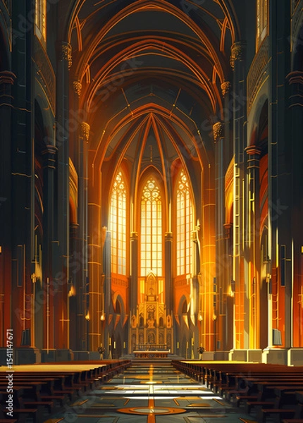 Fototapeta  Interior of the cathedral featuring vaulted ceilings and stained glass windows
