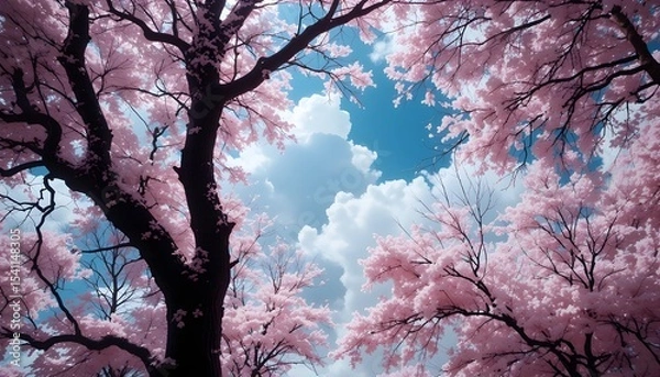 Fototapeta Infrared Photography of Tree Branches with Dramatic Cloudy Sky for Surreal Landscape Art