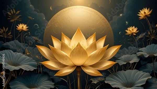 Fototapeta Luxury Golden Lotus Wallpaper Design with Natural Background for Wall Art, Fabric, and Prints – Vector Illustration