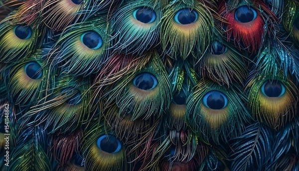 Fototapeta Colorful Peacock Feathers Texture Background Closeup for Elegant and Vibrant Wallpaper Design
