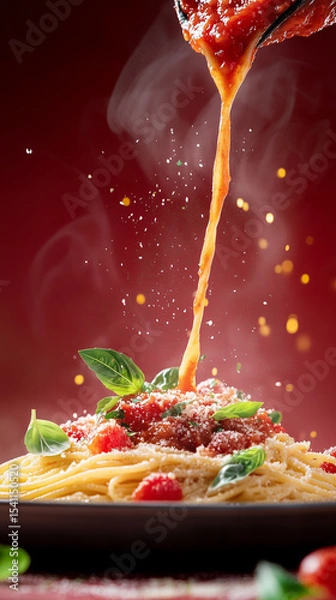 Obraz Delicious spaghetti topped with rich tomato sauce and basil