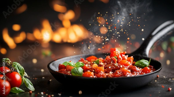Obraz Sizzling tomato sauce in a skillet with fresh herbs