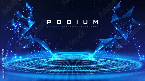 Fototapeta Empty blue podium on dark background with soft neon effect in polygon shapes and bokeh decoration. Futuristic technology scene design concept. Data transmission. Vector illustration.
